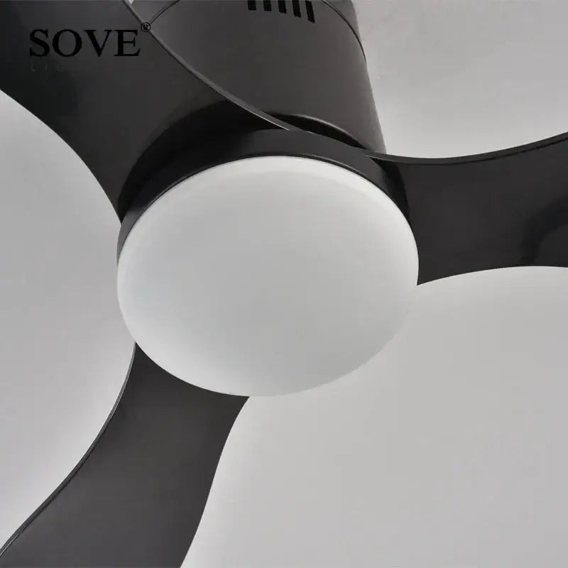 Modern black low floor ceiling fan with remote control bedroom light