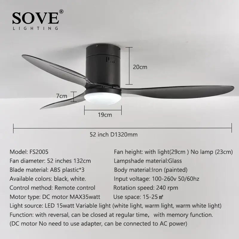 Modern black low floor ceiling fan with remote control bedroom light