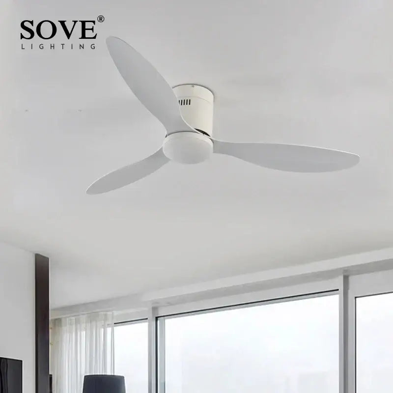 Modern black low floor ceiling fan with remote control bedroom light
