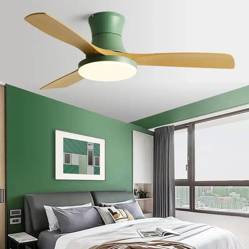 Modern black and dark wood low profile ceiling fan bedroom light