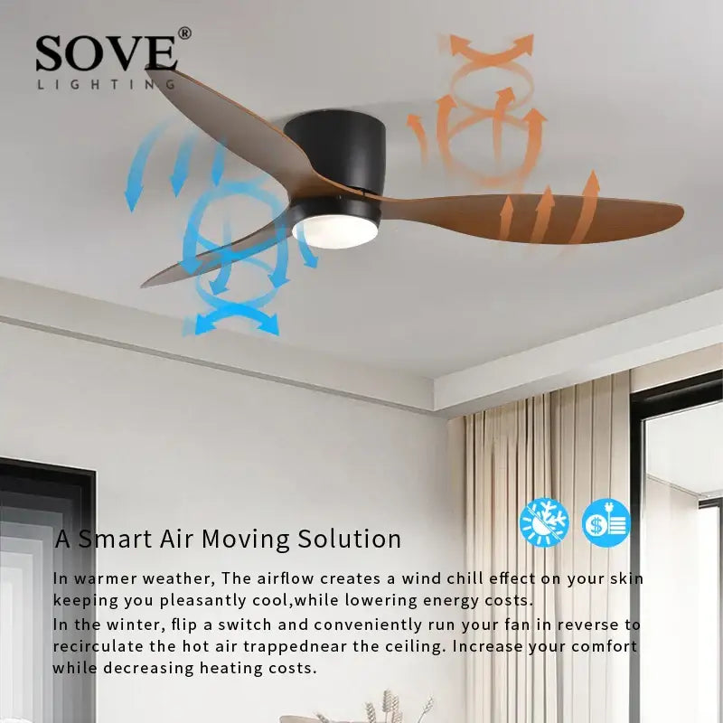 Modern black and wood low profile ceiling fan bedroom remote control