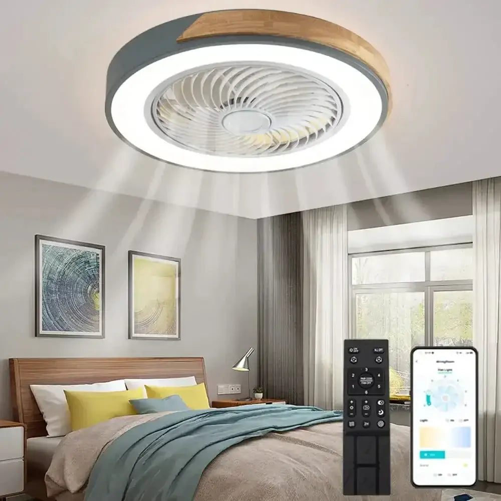 Modern gray & wood low profile ceiling fan bedroom led light