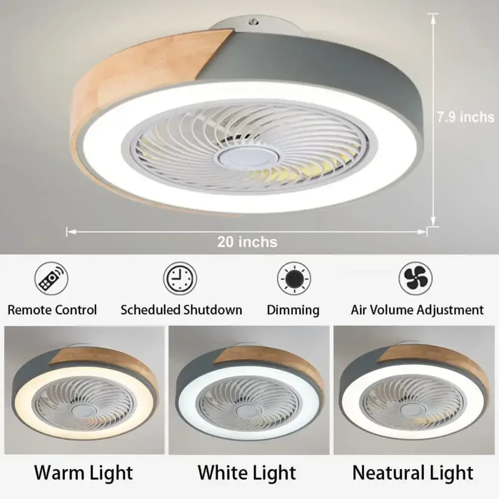 Modern gray & wood low profile ceiling fan bedroom led light