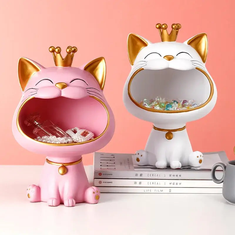 Modern white and gold lucky cat sculpture kitchen fruit bowl