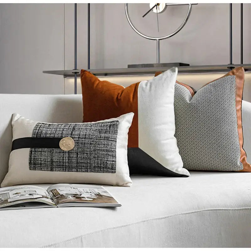 Cream luxe flannelette leather patchwork cushion cover living room