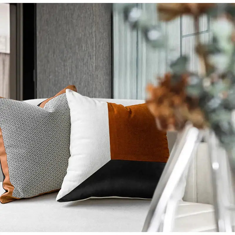 Cream luxe flannelette leather patchwork cushion cover living room