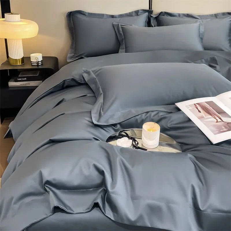 Luxurious gray satin duvet cover set bedroom stitched bedding