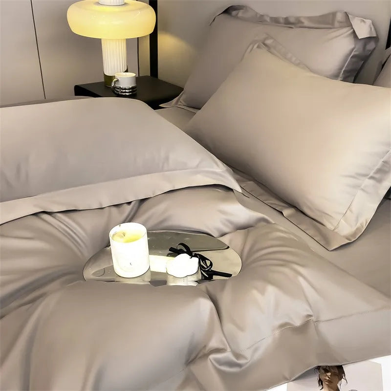 Luxurious gray satin duvet cover set bedroom stitched bedding