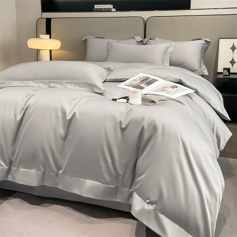 Luxurious gray satin duvet cover set bedroom stitched bedding