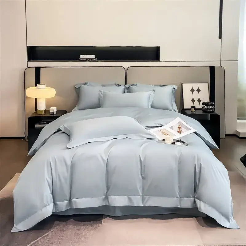 Luxurious light blue satin 3 piece duvet cover bedroom bedding set