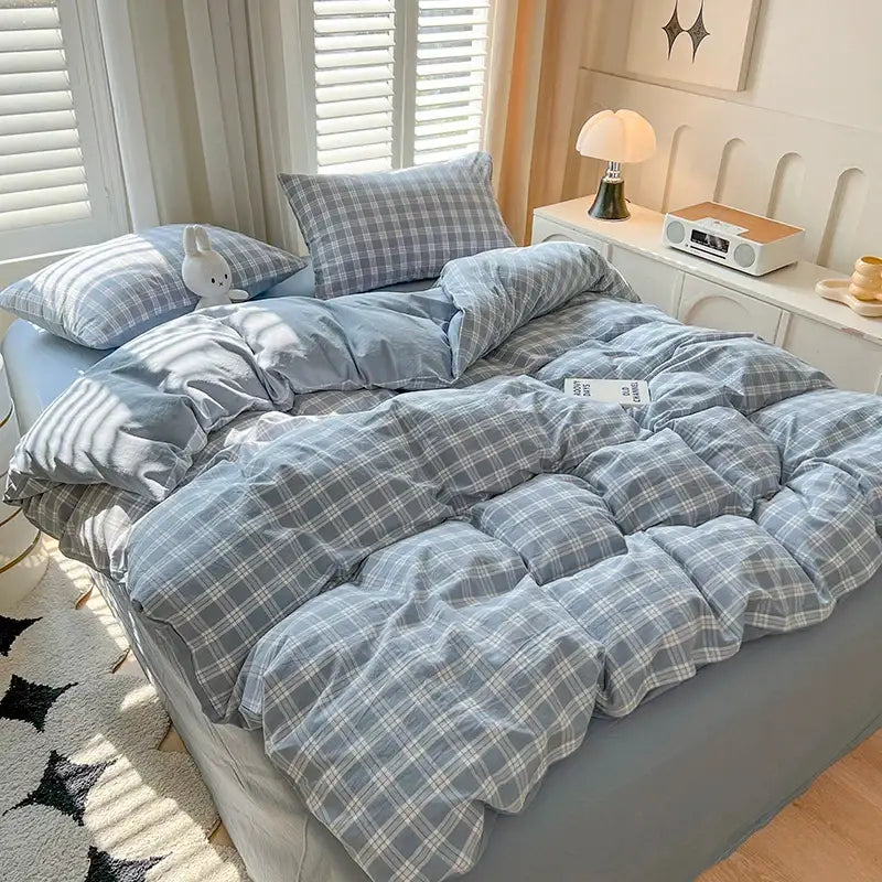 Luxurious blue & white plaid bedding set bedroom duvet cover