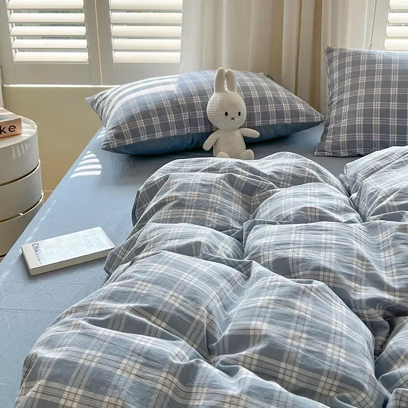 Luxurious blue & white plaid bedding set bedroom duvet cover