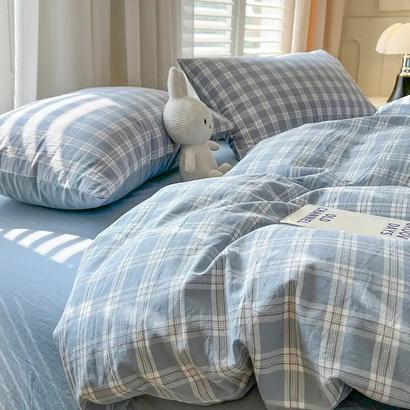 Luxurious blue & white plaid bedding set bedroom duvet cover