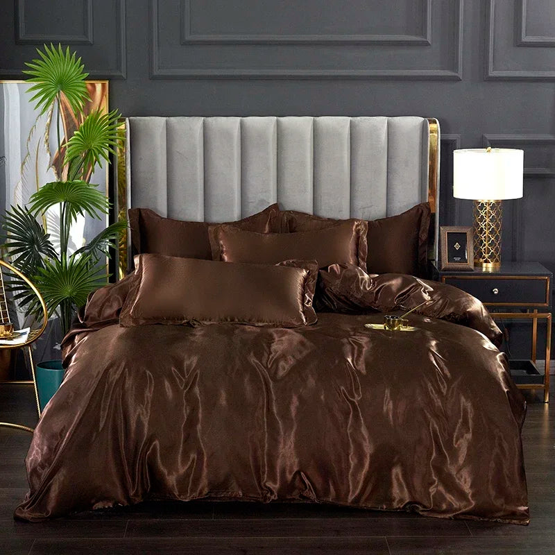 Luxurious copper satin duvet cover and bed sheet set bedroom