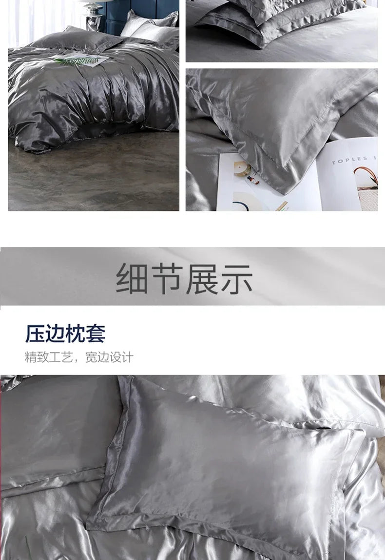 Luxurious gray silk satin duvet cover set bedroom bedding