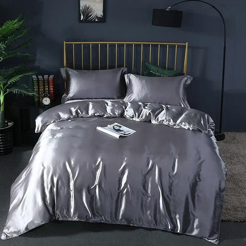 Luxurious gray silk satin duvet cover set bedroom bedding