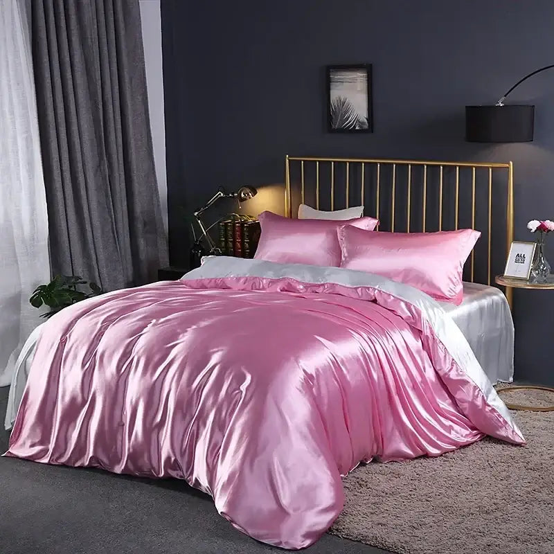 Luxurious pink satin duvet cover bedding set bedroom