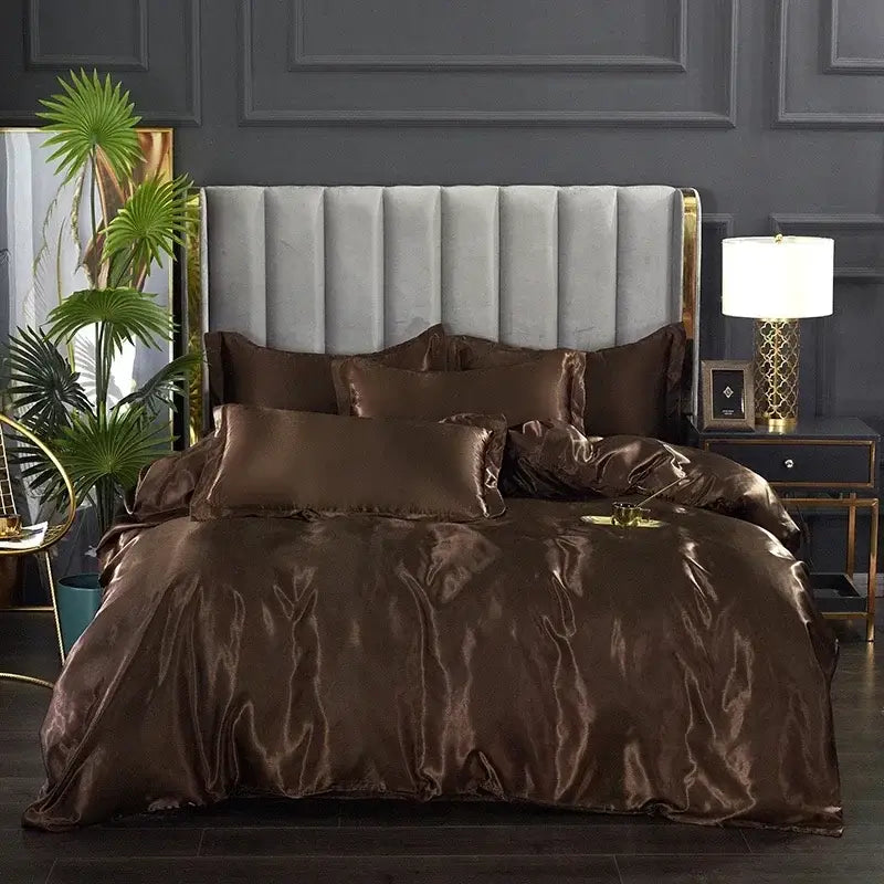 Luxurious metallic gray & gold satin duvet cover bedroom bed sheet