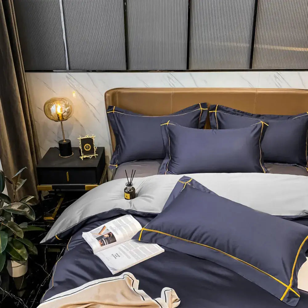Luxurious navy & gold egyptian cotton duvet cover set bedroom