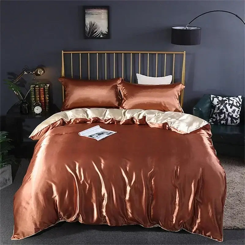 Luxurious champagne & deep red silk bedding set bedroom duvet cover
