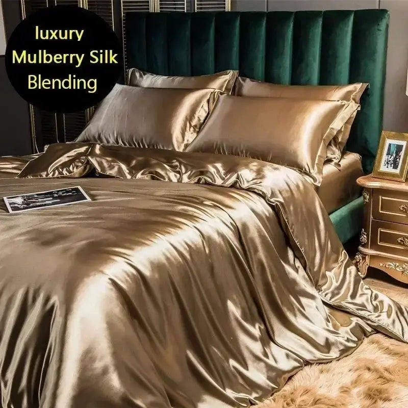 Luxurious teal satin bedding set with duvet cover for bedroom