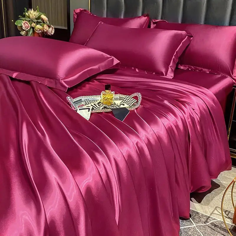 Luxurious pink satin duvet cover bedroom bedding set