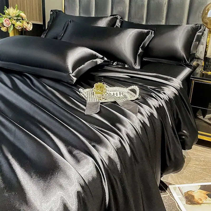 Luxurious teal glossy satin duvet cover bedroom bedding set