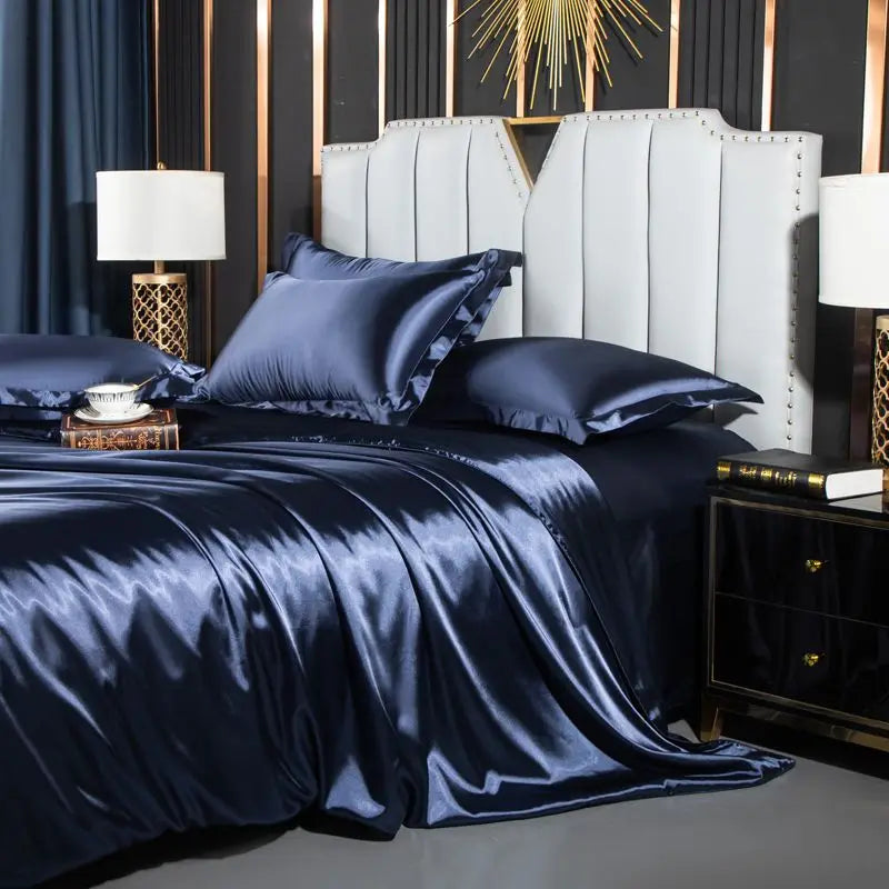 Luxurious teal glossy satin duvet cover bedroom bedding set