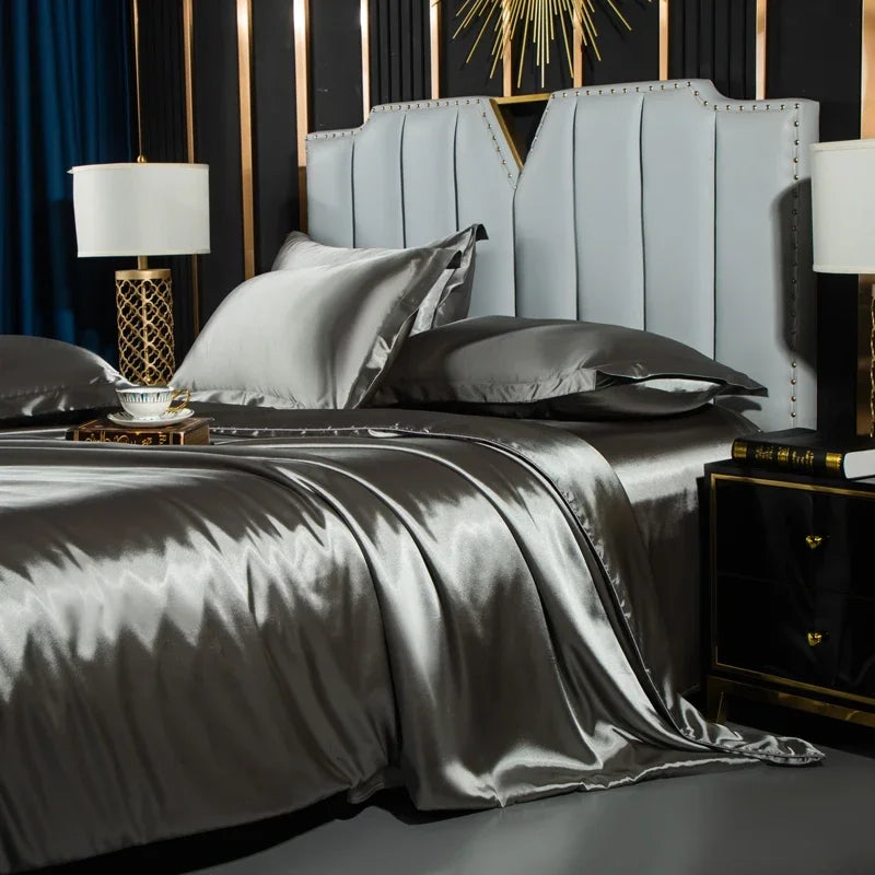 Luxurious navy satin duvet cover set bedroom bedding