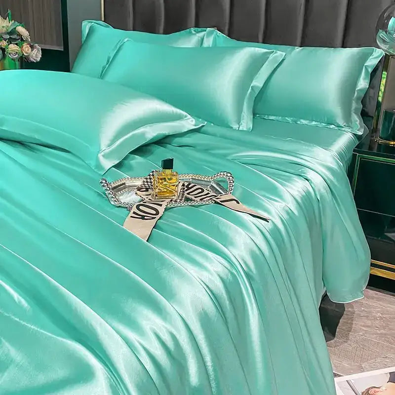 Luxurious pink satin duvet cover set bedroom silk bedding