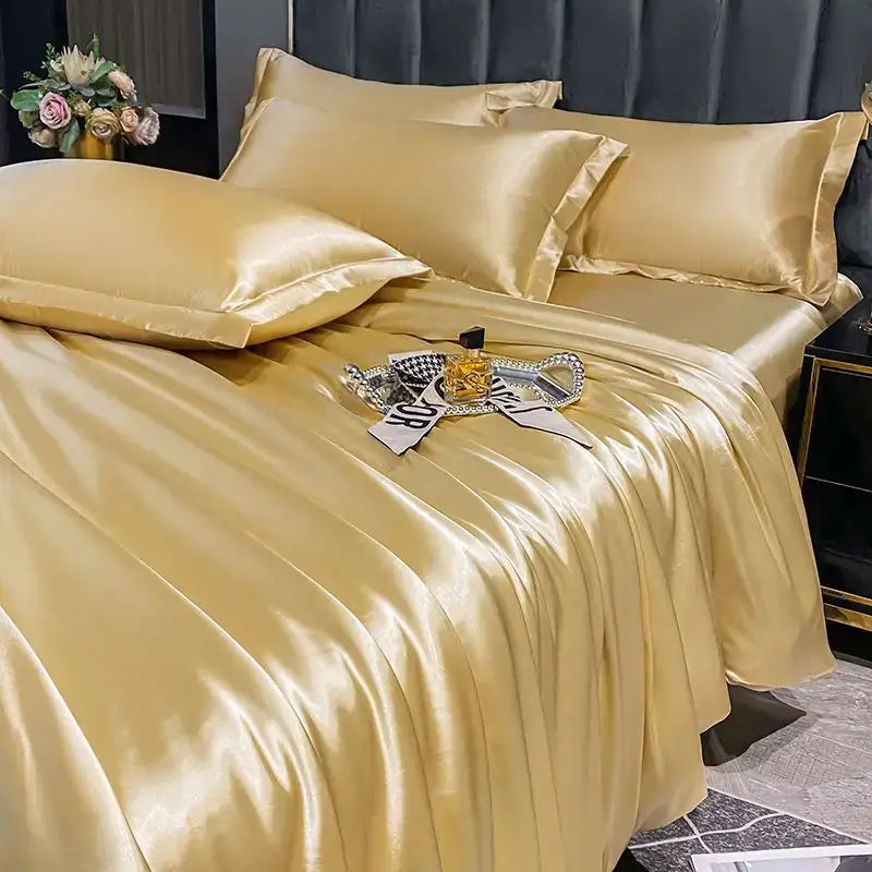 Luxurious gold satin duvet cover set bedroom silk bed sheet