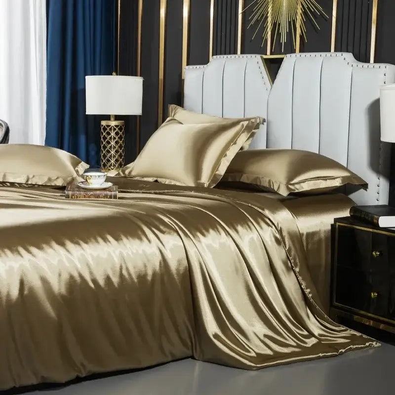 Luxurious bronze satin bedding set – bedroom duvet cover with gold trim