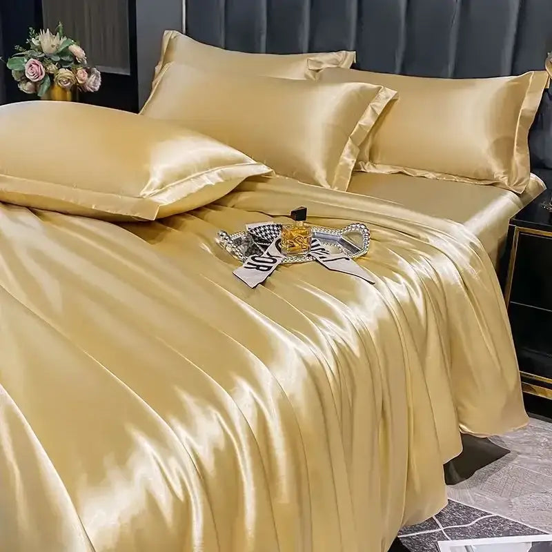 Golden satin silk duvet cover set bedroom luxury bedding