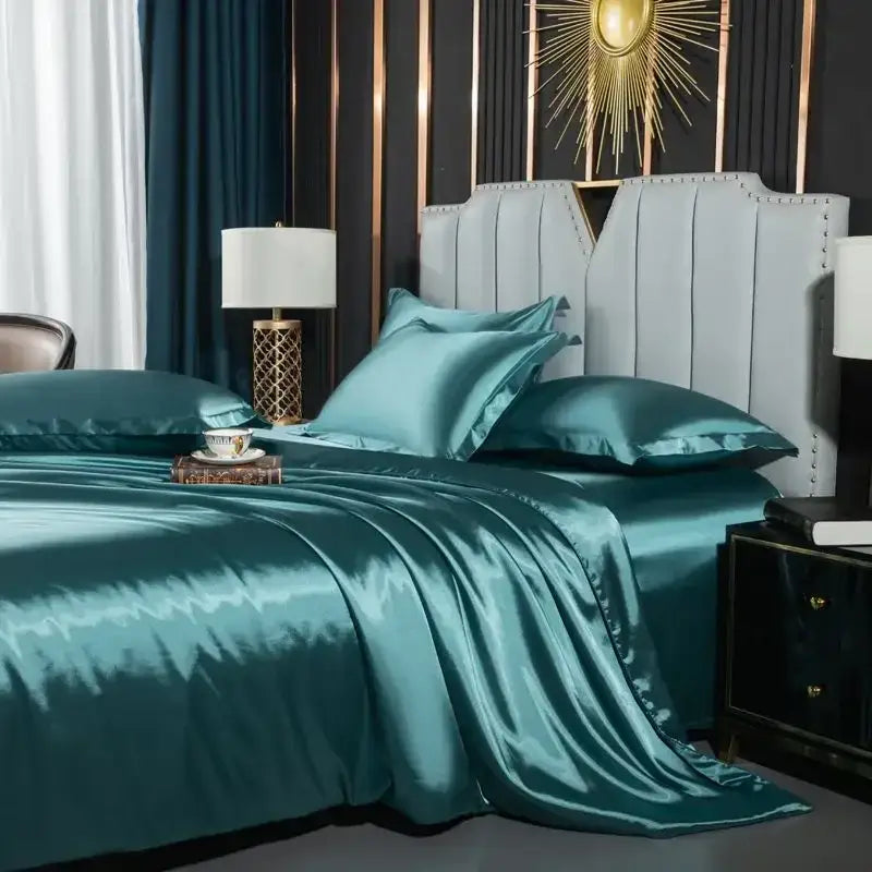 Golden satin silk duvet cover set bedroom luxury bedding
