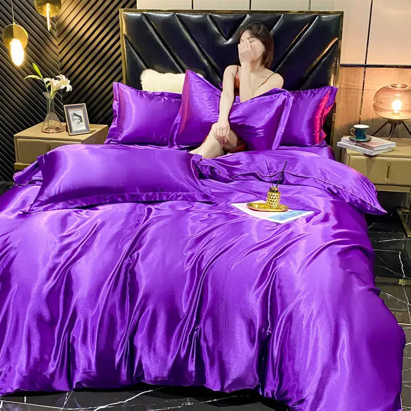 Lavender satin rayon silk duvet cover king size bedroom bedding set