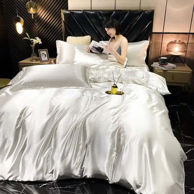 Luxurious gold satin duvet cover bedroom king size bedding set