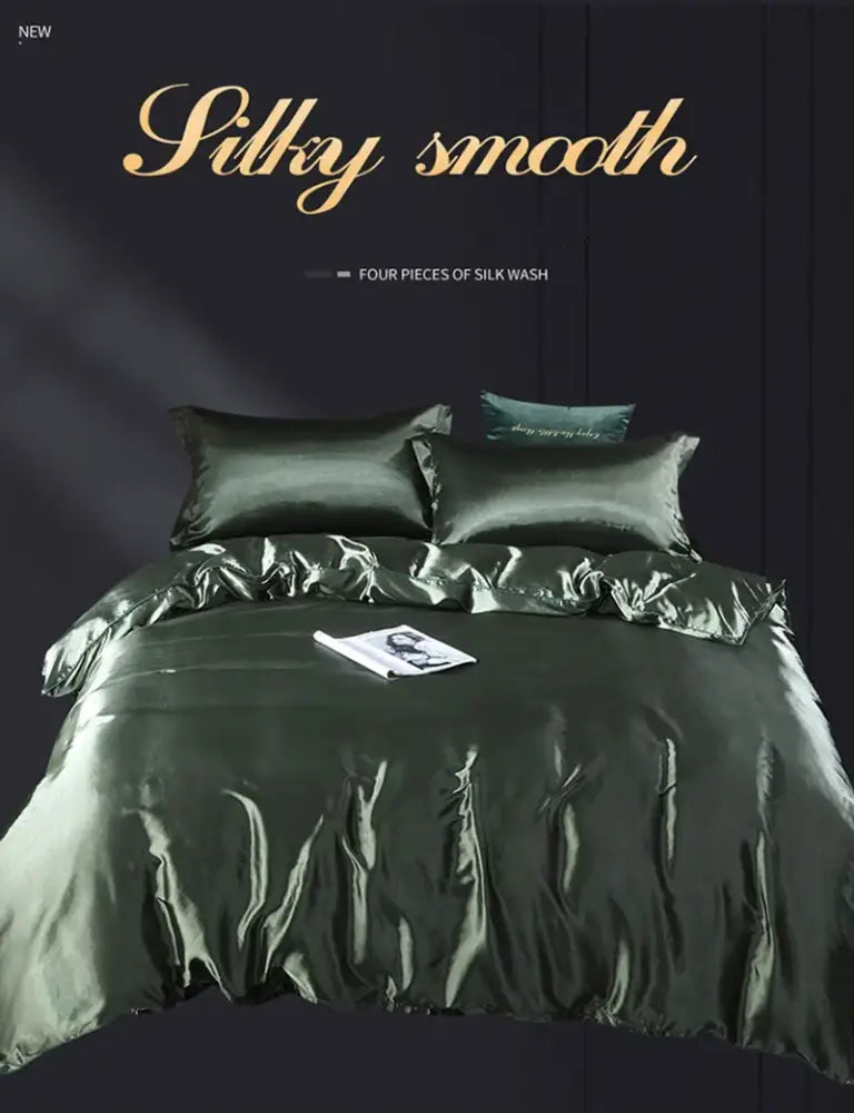 Luxurious emerald green satin duvet cover set bedroom bedding