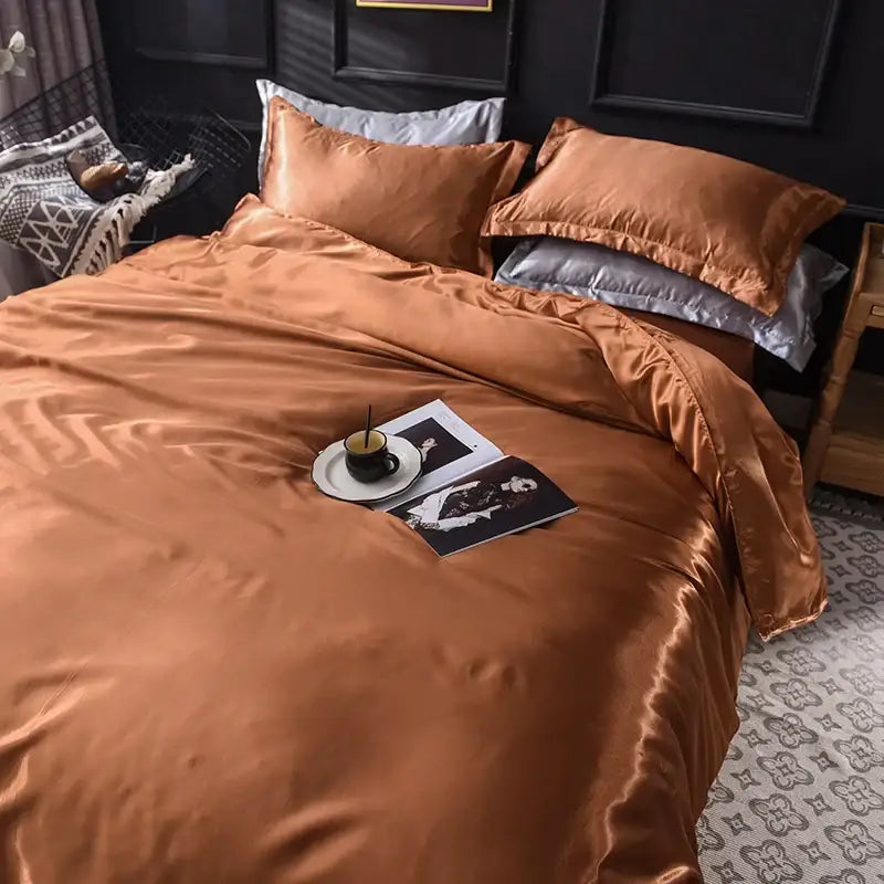 Elegant ruffled silk gray satin silk bedding set bedroom duvet cover
