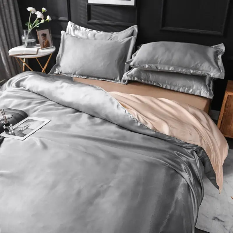 Elegant ruffled silk gray satin silk bedding set bedroom duvet cover