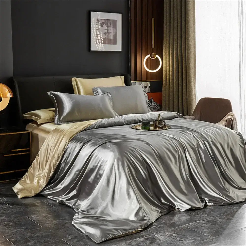 Luxurious turquoise satin bedding set with gold trim – bedroom duvet cover