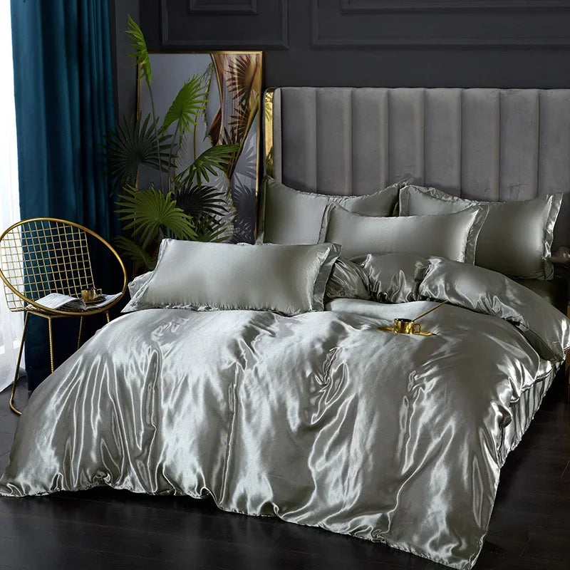 Luxurious white satin duvet cover set bedroom silk bedding