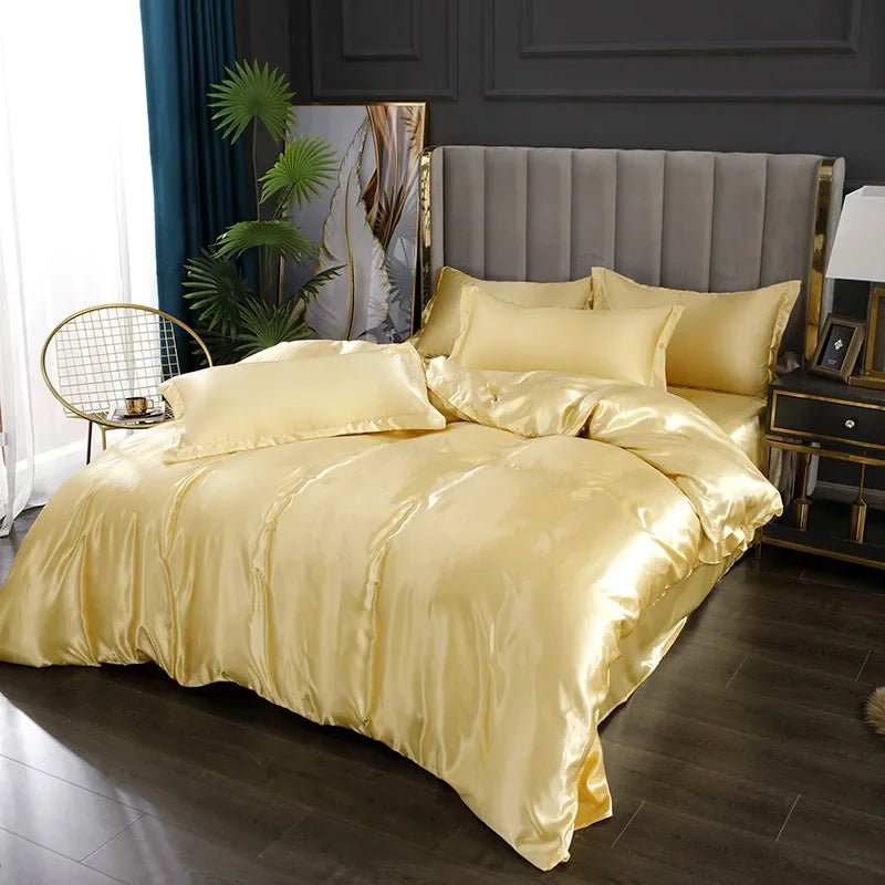 Luxurious white satin duvet cover set bedroom silk bedding