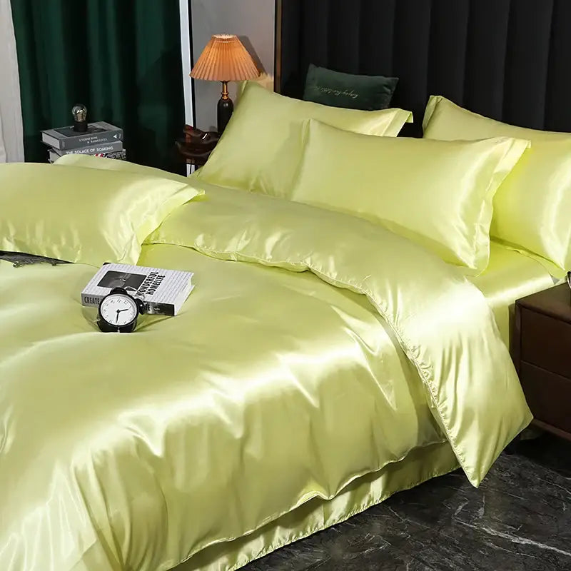 Luminous lime satin duvet cover set bedroom luxury bed sheet