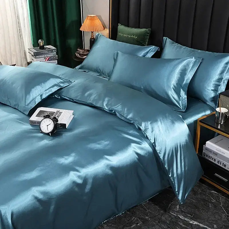 Luxurious turquoise satin duvet cover set bedroom bed sheet