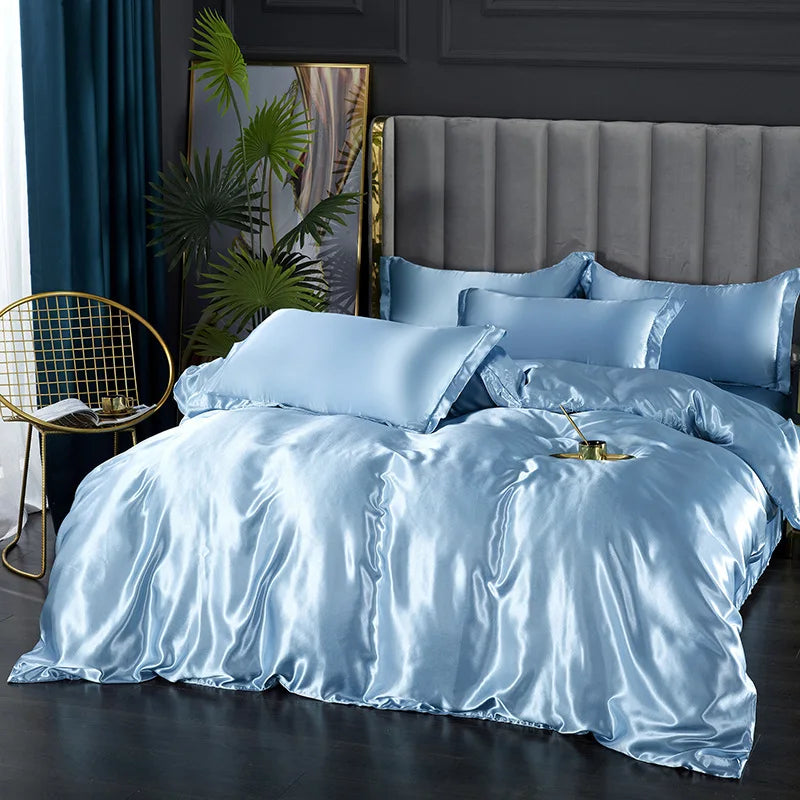 Luxurious pink glossy satin duvet cover bedroom bedding set