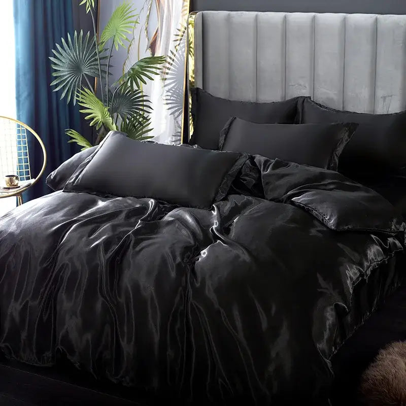 Luxurious gold satin duvet cover set bedroom silk bedding
