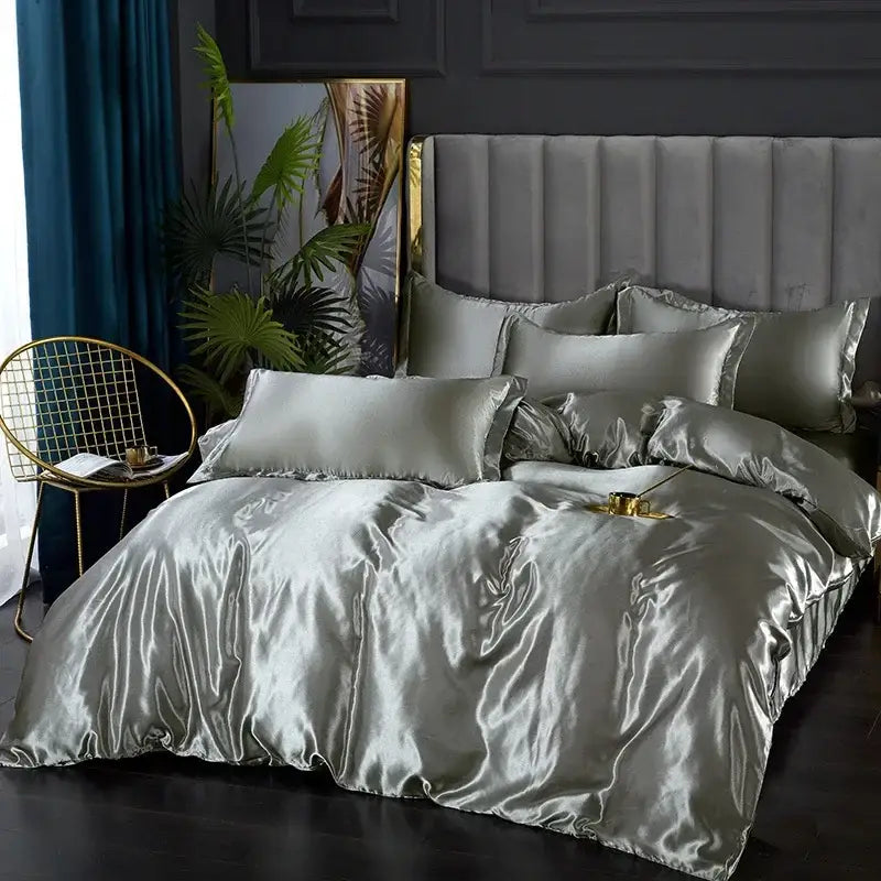 Emerald green luxurious satin duvet cover bedroom bedding set