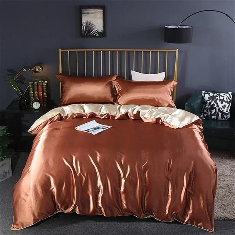 Luxurious deep blue & gold satin duvet cover bedroom bedding set