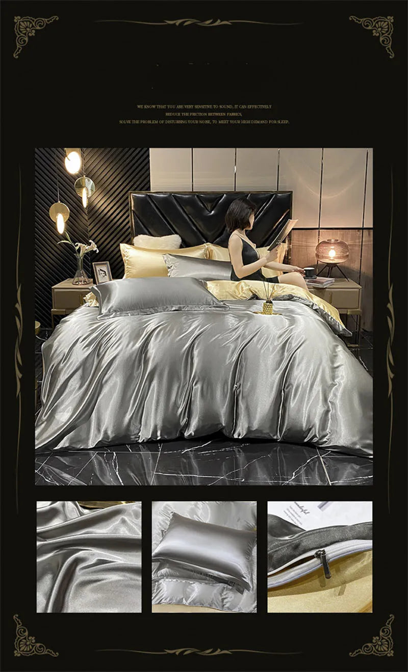 Luxurious emerald green & cream satin duvet cover bedding set bedroom