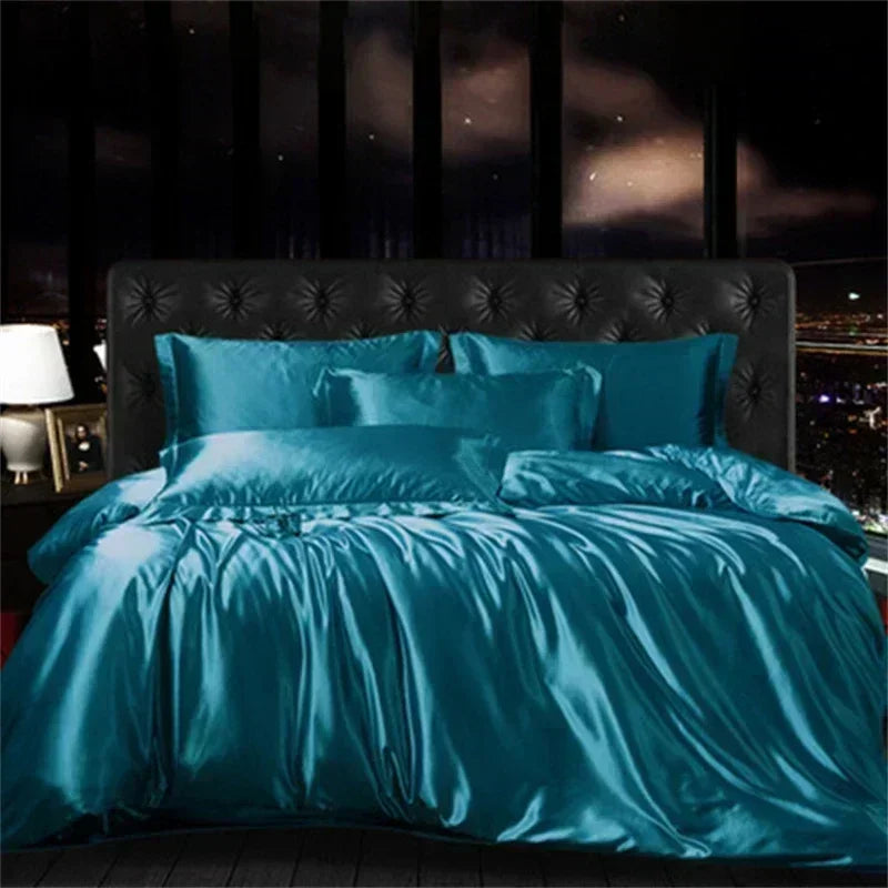 Pink glossy satin ruffled bedding set with fitted sheet bedroom